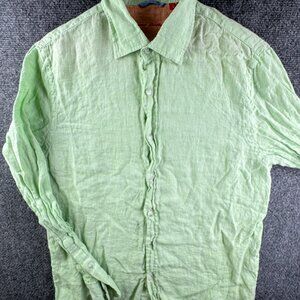 Report Collection Green Button Up Shirt Men Long Sleeve All Linen Medium Adult